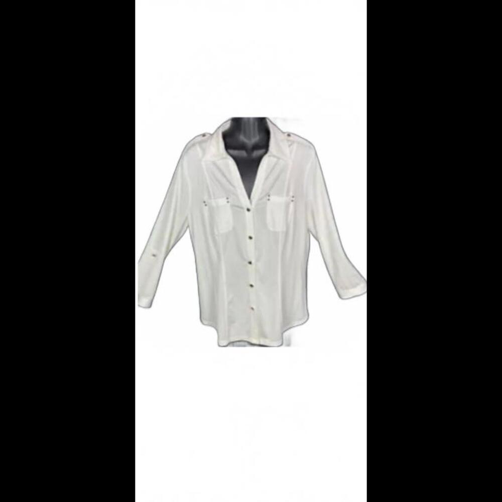 NWOT Cache Long Convertible Sleeve Ivory Silver Button Up Blouse Sz L